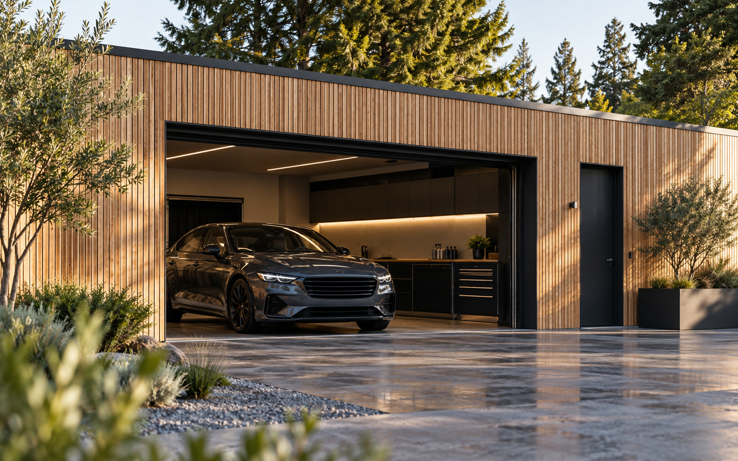 façade sobre d'un garage, bardage bois clair, cèdres en arrière-plan